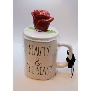 Disney Rae Dunn Beauty and the Beast Mug +  Rose Topper Collectible Love - NWT